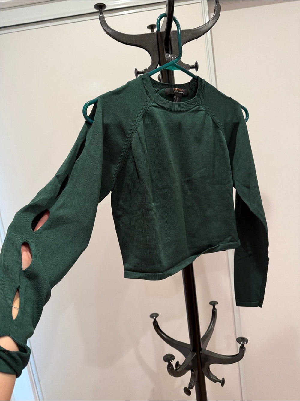 Forever 21 Dark Green Cutout Sleeve Sweater Top